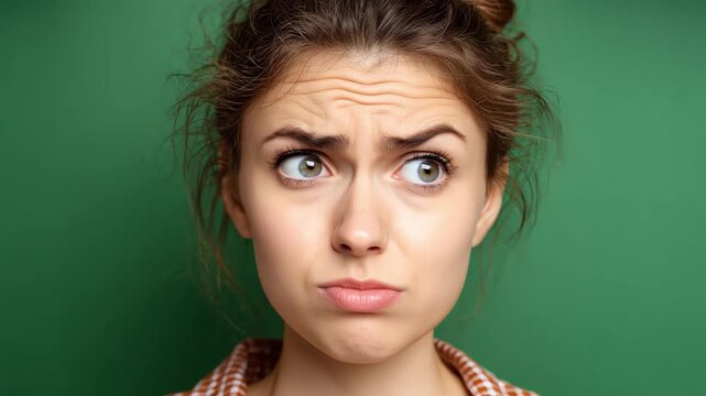 Uncertain Gaze: A captivating portrait of a woman expressing perplexity and doubt, her eyes shifting with uncertainty against a backdrop of deep green.