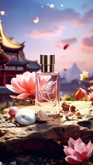 Elegant Perfume Bottle Amidst Lotus Flowers and Asian Architecture.