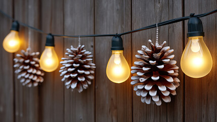 Warm string light bulbs pine cone wooden wall holiday decoration rustic backdrop glowing bulbs