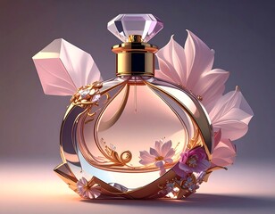 Elegant Perfume Bottle with Floral Accents and Diamond Stopper.