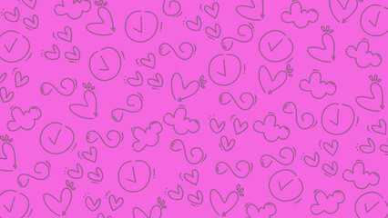 Magenta Doodle Pattern Background with Hearts Clouds and Clocks