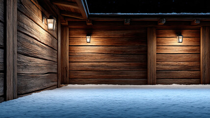 Snowy wooden cabin exterior wall with warm lantern light creating cozy night atmosphere