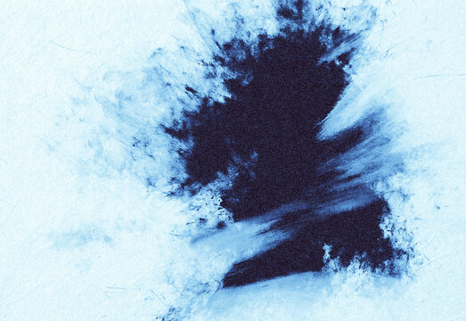 Blue abstract ink splash on light blue background, forming an irregular shape reminiscent of watercolor stain, adding artistic texture for design projects and creative compositions