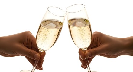 Champagne Toast: Glasses Clinking Against Pure White Background.