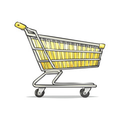 Yellow shopping cart with metal frame and wheels, illustration