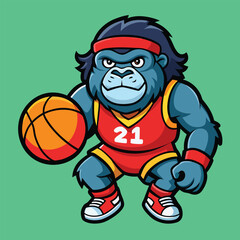 Naklejka premium Cartoon gorilla basketball player mascot character with a ball