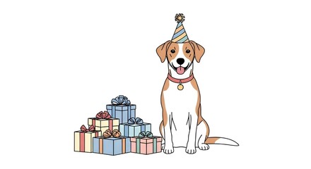  Happy Pet Dog Wearing Party Hat Next to Stack of Gifts.