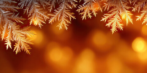 Frost pattern macro on window with golden bokeh background, delicate icy fern crystals framing warm amber light, festive winter mood and soft glow