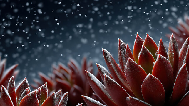 Red succulent with glittery frost and falling snow, close up macro of red rosette plant covered in sparkling dust, winter mood, cold texture and shallow depth of field