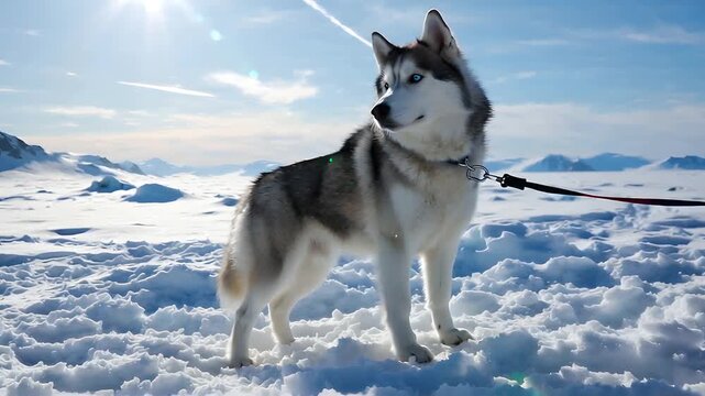 Resilient Siberian Husky on a Windswept Frozen Tundra Under a Clear Winter Sky, Wild Beauty.