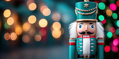 Nutcracker toy soldier with teal uniform, white beard, mustache, decorative hat, festive bokeh lights, holiday decoration, close up smiling face