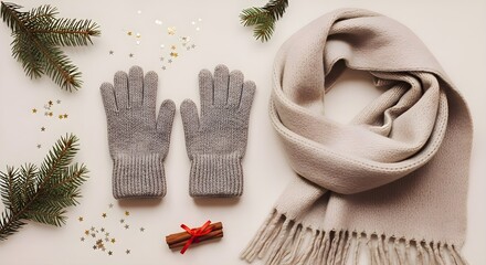 Cozy Winter Gloves, Scarf, and Minimalist Christmas Flat Lay