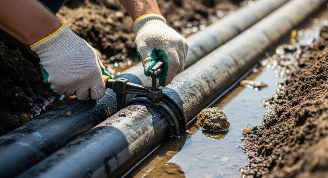 Plumber repairing underground pipes with wrench in muddy environment for plumbing service visuals