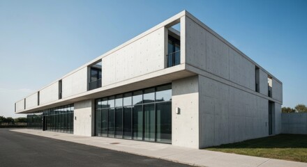 Modern concrete building with large glass panels. Exterior shot, a contemporary structure with clean lines, light gray concrete facade, and wide expanses of windows