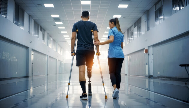 Male amputee walking with support of therapist inside clean bright corridor during rehabilitation training session