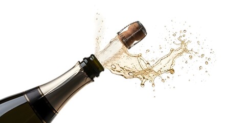 Sparkling Champagne Bottle Popping Cork and Liquid Splash Isolated