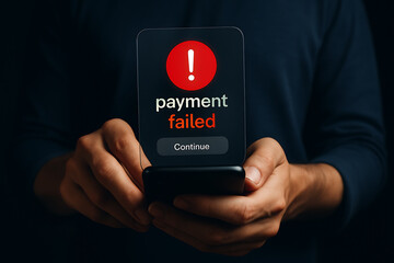 Mobile payment failure concept with smartphone showing digital warning error message representing declined transaction fraud and financial risk