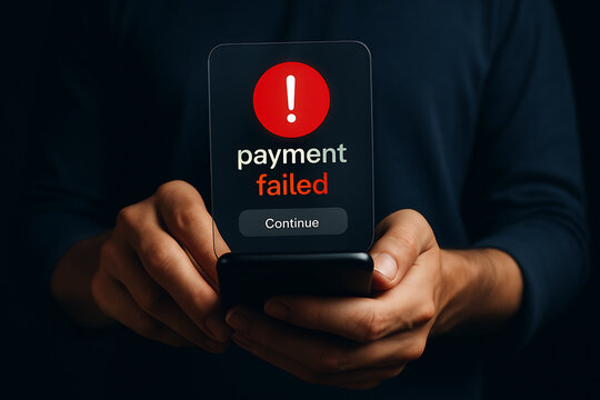Mobile payment failure concept with smartphone showing digital warning error message representing declined transaction fraud and financial risk - Powered by Adobe