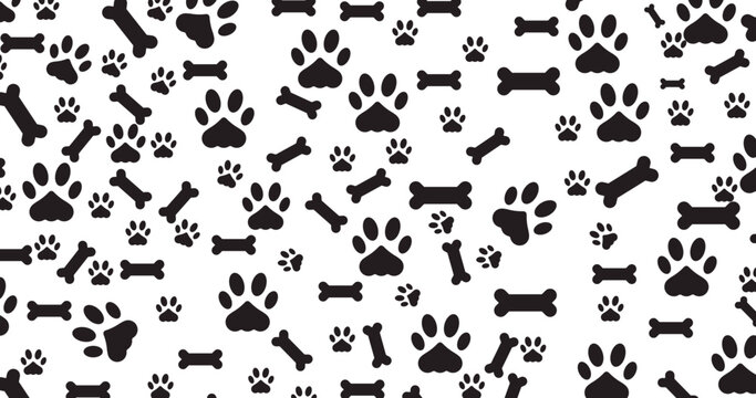 Dog paw and bone seamless pattern vector background for pet design. Paw print bone icon design. Animal paw pattern seamless. Dog bone paw print vector. Black paw symbol texture