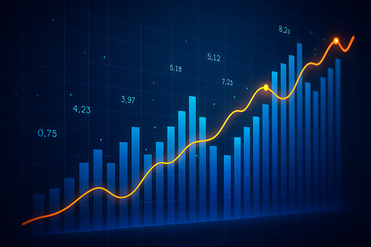 Modern business bar chart with glowing line graph showing rising financial statistics and economy growth on digital background