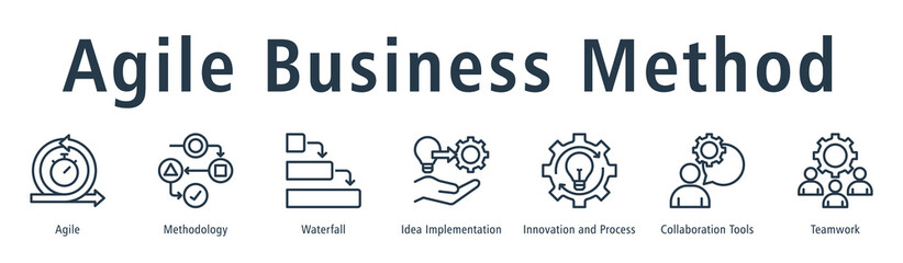 Agile business method web banner icon vector illustration concept with icon of agile, methodology, waterfall, idea implementation, innovation and process, collaboration tools, and teamwork.