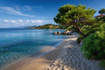 Clear turquoise sea and sand beach Tree on the sandy shore coastal vegetation distant hills under a blue slightly cloudy sky