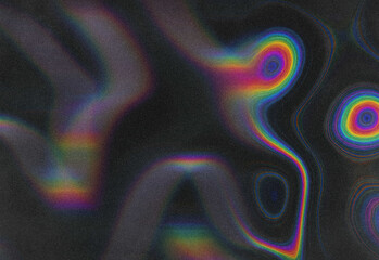 Abstract grainy composition with swirling neon rainbow rings and speckled texture, creating a vibrant iridescent backdrop for futuristic design and digital art projects