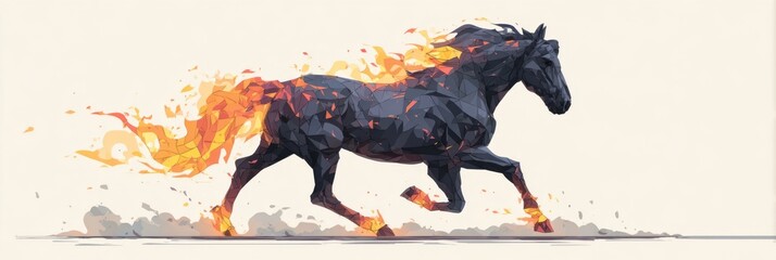 Low poly black horse galloping across white background with flames trailing from its hooves and mane, blending polygonal art and dynamic fantasy motion.