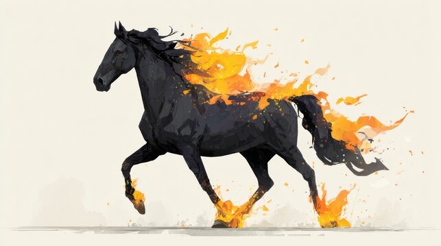 A powerful black horse running with its body engulfed in flames. Stylized fantasy illustration of a mythical fiery steed on an isolated background