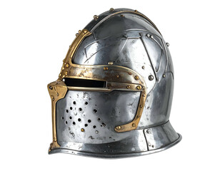 Ornate medieval steel helmet with gold accents and eye slits