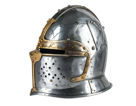 Ornate medieval steel helmet with gold accents and eye slits