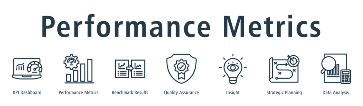 Performance metrics web banner icon vector illustration concept with icon of KPI dashboard, performance metrics, benchmark results, quality assurance, insight, strategic planning, and data analysis.