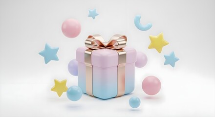 3D Pastel Gift Box Surrounded by Floating Minimal Shapes