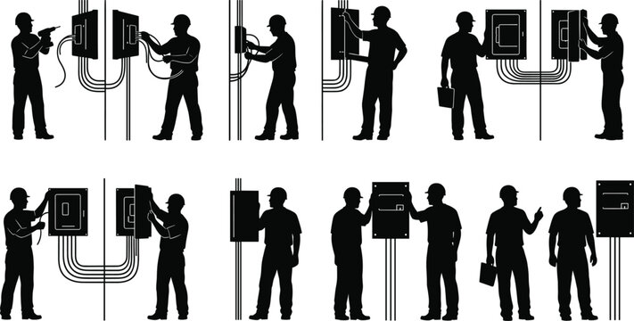 Silhouette electricians working electrical panels, wiring installation and maintenance, utility service concept, flat vector illustration, technical profession, workplace safety, minimal design