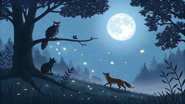 Enchanted forest scene with owl, fox, and black cat under a luminous full moon night. - Powered by Adobe