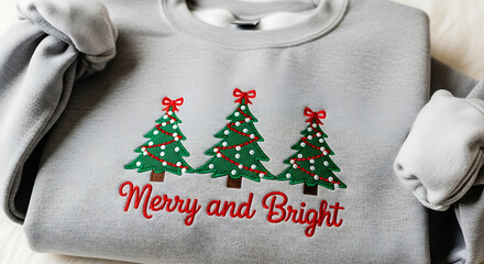 A gray sweatshirt with embroidered Christmas trees that say "Merry and Bright".