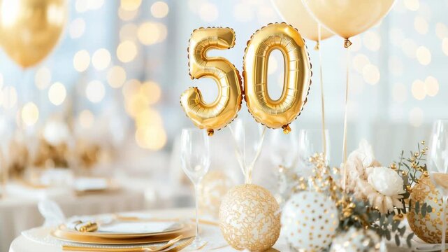 Golden Jubilee Celebration: Festive balloons and elegant decorations set the stage for a grand golden jubilee celebration, marking a momentous 50th anniversary.
