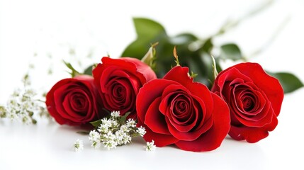 Beautiful red roses with green leaves and white flowers on bright background symbolizing love