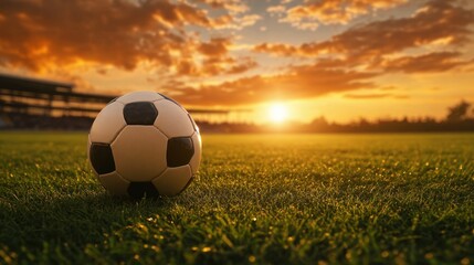 Soccer ball on green field at sunset with golden light shining over grass and distant stadium view