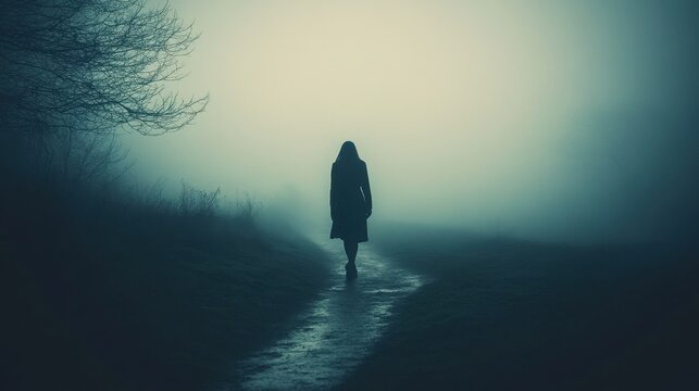 Silhouette of woman walking alone on foggy path surrounded by mist and dark mysterious atmosphere - Powered by Adobe