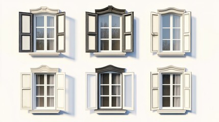 Fototapeta premium Set of classic windows with open shutters on white wall showing symmetry and bright elegant style
