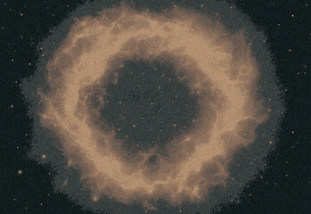 Abstract circular dust ring formed by scattered granules on a dark textured surface, creating a luminous halo pattern suitable for science, design, and conceptual artwork images © DesignSells