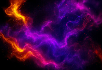 Vibrant interstellar nebula swirls in vivid purple and orange hues across a dark cosmic backdrop, capturing dynamic gas clouds and mysterious astronomical beauty for editorial use.