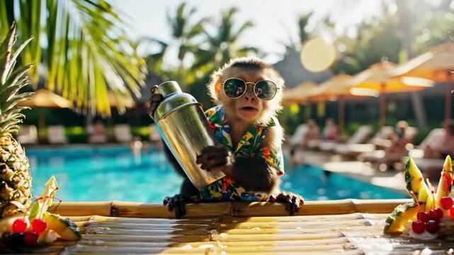 Funny capuchin monkey bartender mixing a cocktail at a tropical poolside bar.