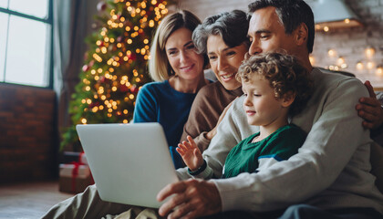 Family gathers for joyful migration story video call during Christmas near decorated tree in cozy living room