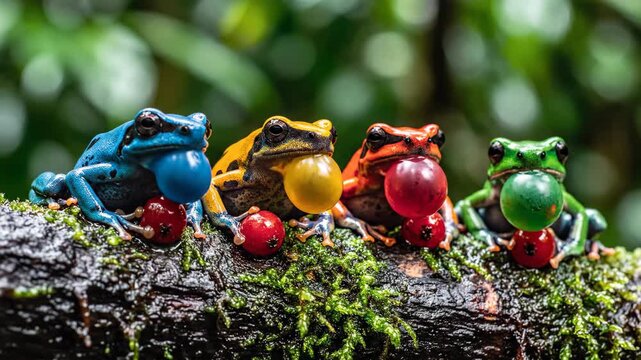 Vibrant Poison Dart Frogs Sitting Together on a Mossy Log with Red Berries.