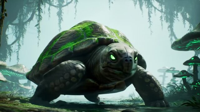 A moss-covered tortoise with glowing green eyes in a surreal forest with glowing mushrooms