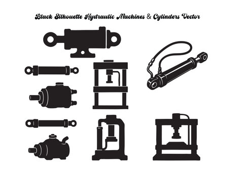 Black Industrial Hydraulic Cylinders Silhouettes Vector | Power Equipment and Machine Elements