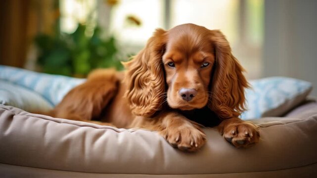 Brown cocker spaniel puppy relaxing on a comfortable couch with soft pillows in a cozy living room