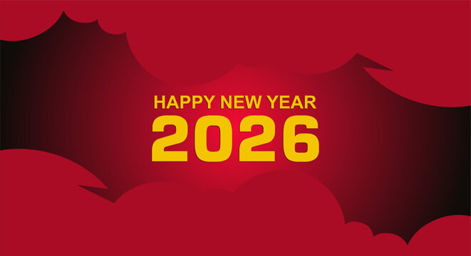 "Happy New Year 2026" text in yellow on a red gradient background with dark red cloud-like shapes.
